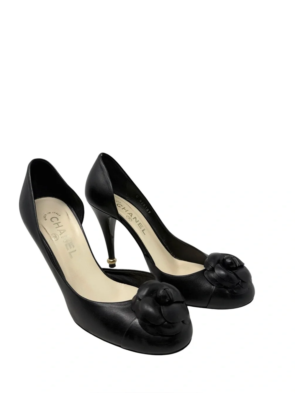 Chanel CC Black Leather Camellia Half D’Orsay Pumps Size 39